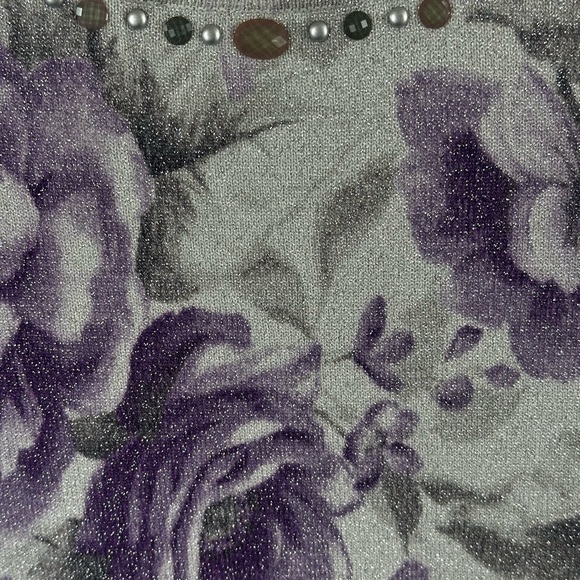 Women’s Floral Glitter Knit Top with Embellished Neckline - Purple/Gray - Picture 10 of 16